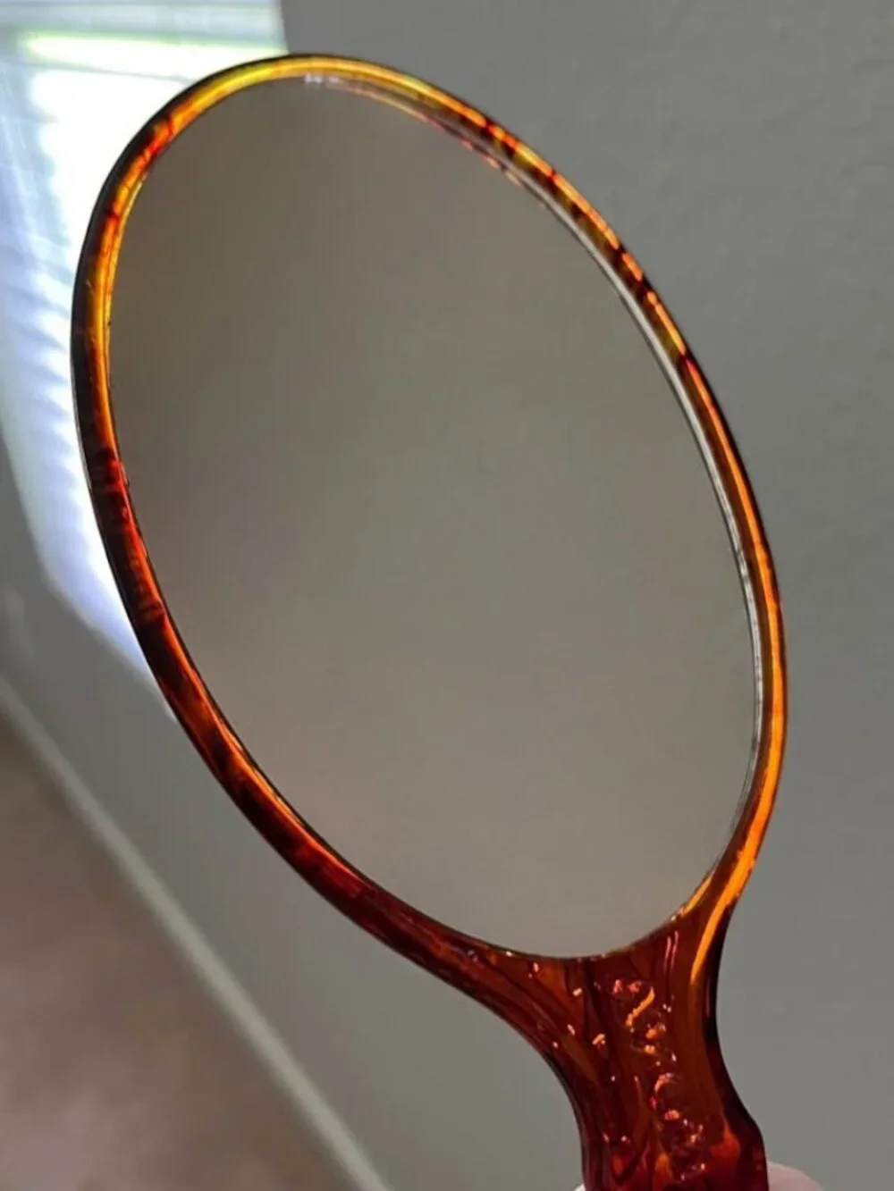 Vintage 70’s Cameo Amber Lucite Hand Mirror Ornate Handle Vanity